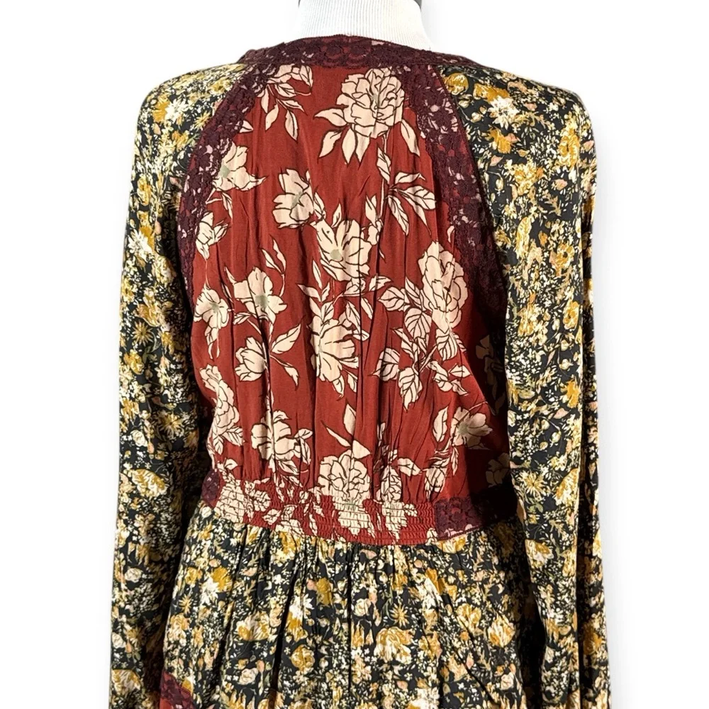 NWT FREE PEOPLE TILDA FLORAL PATCHWORK MAXI DRESS BOHO WRAP BELL SLEEVES SIZE L